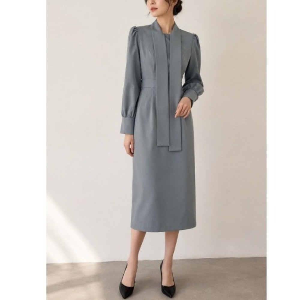 Fehaute Women's Light Blue Bow Neck Long Sleeve Sheath Midi Dress Size XS NWT